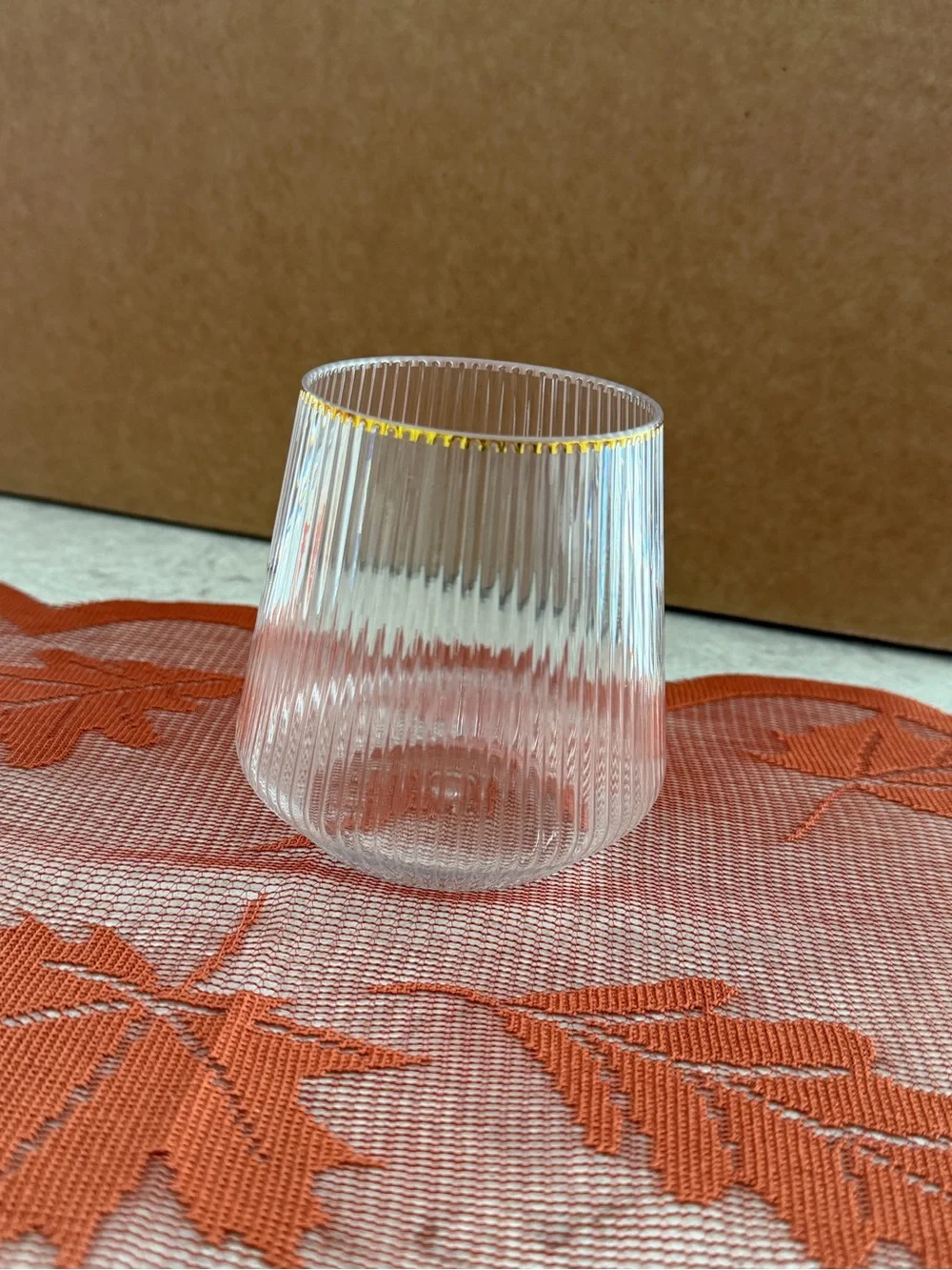 Clear Ribbed Glass Tumbler with Gold Rim